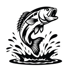 Monochrome Leaping Fish with Splash, Detailed Black and White Illustration, Isolated