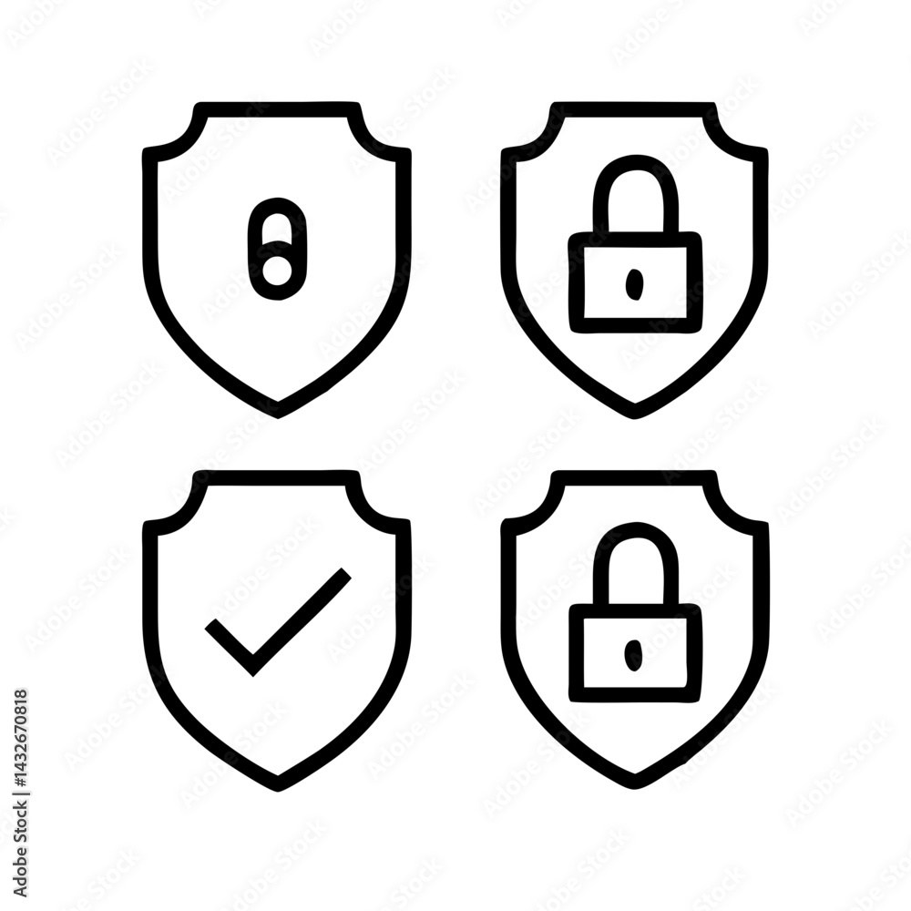Fototapete set of security shield icons, security shields logotypes with check mark and padlock.. security shie
