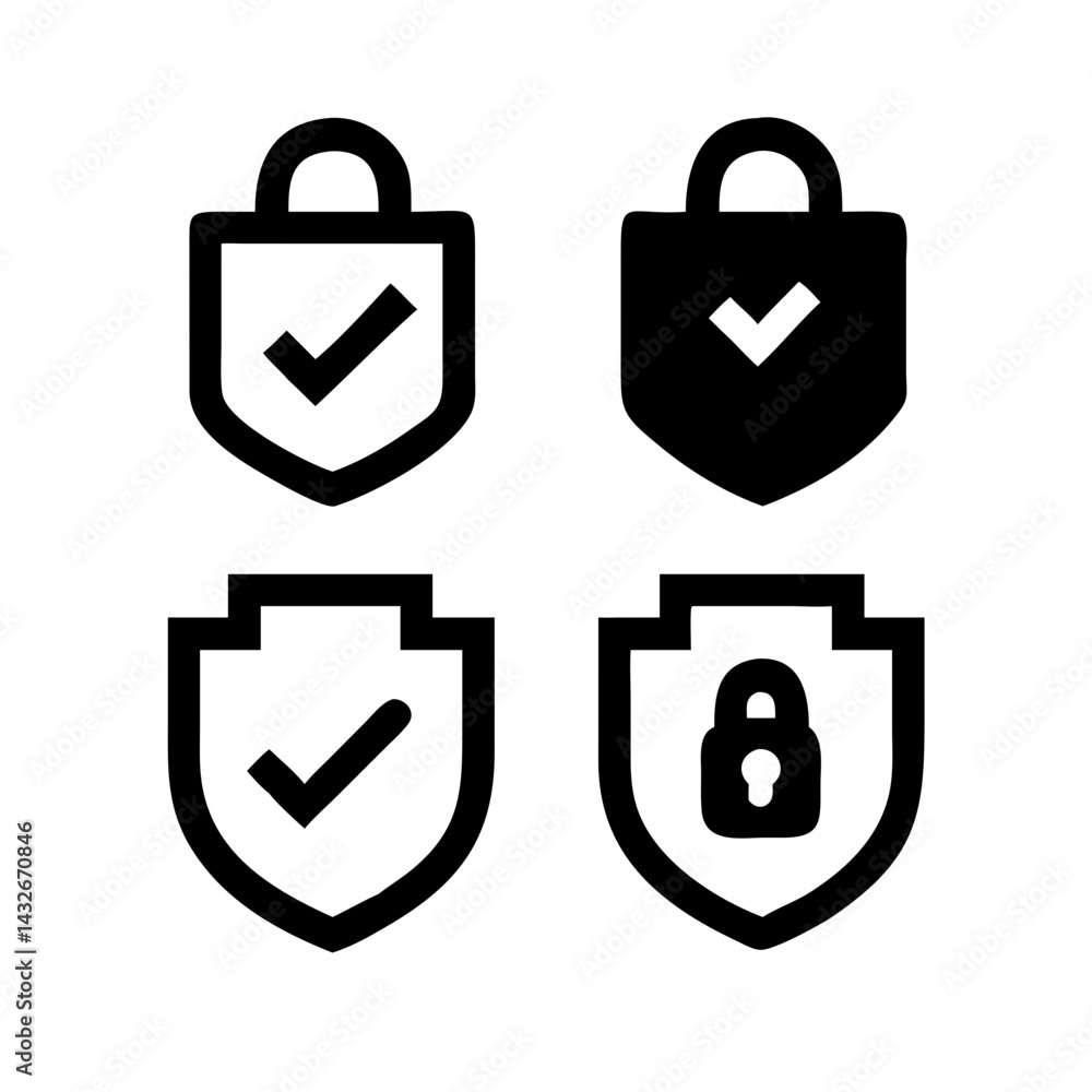 Fototapete set of security shield icons, security shields logotypes with check mark and padlock.. security shie