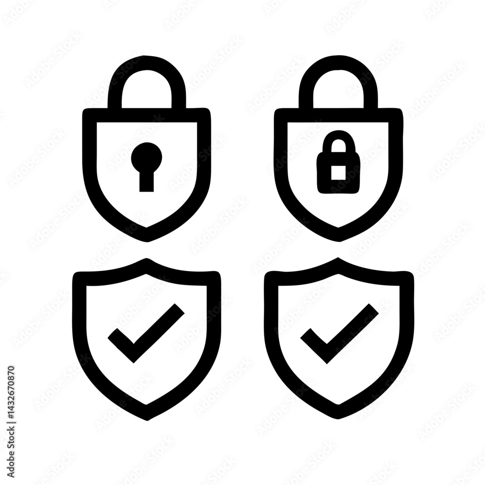 Fototapete set of security shield icons, security shields logotypes with check mark and padlock.. security shie