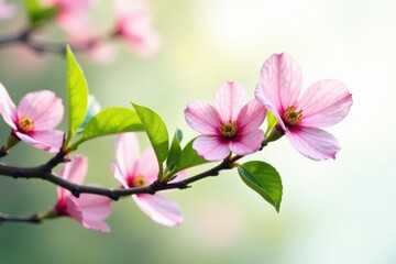 Naklejka premium Delicate pink dogwood blossoms, vibrant green foliage White background , bloom, photography