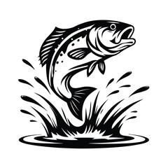 Black and White Fish Jumping Out of Water with Splashes, High Contrast Isolated