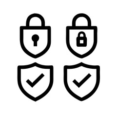 Set of security shield icons, security shields logotypes with check mark and padlock.. Security Shield Vector Line Icon Set. Security shield outline symbols with check mark and padlock.