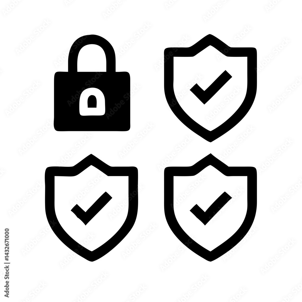 Fototapete set of security shield icons, security shields logotypes with check mark and padlock.. security shie