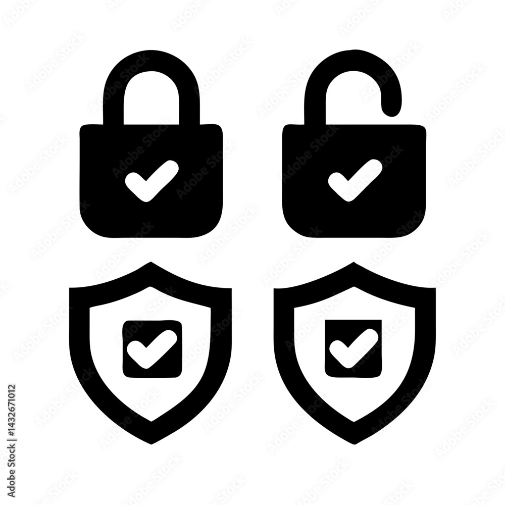 Fototapete set of security shield icons, security shields logotypes with check mark and padlock.. security shie