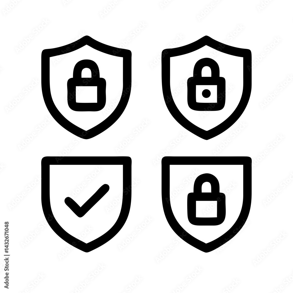 Fototapete set of security shield icons, security shields logotypes with check mark and padlock.. security shie