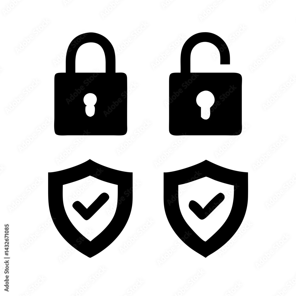 Fototapete set of security shield icons, security shields logotypes with check mark and padlock.. security shie