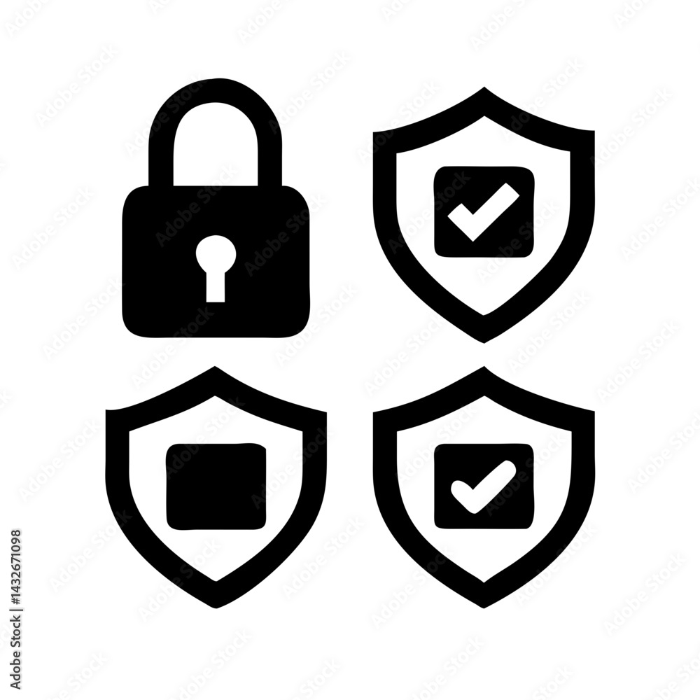 Fototapete set of security shield icons, security shields logotypes with check mark and padlock.. security shie