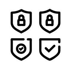 Set of security shield icons, security shields logotypes with check mark and padlock.. Security Shield Vector Line Icon Set. Security shield outline symbols with check mark and padlock.