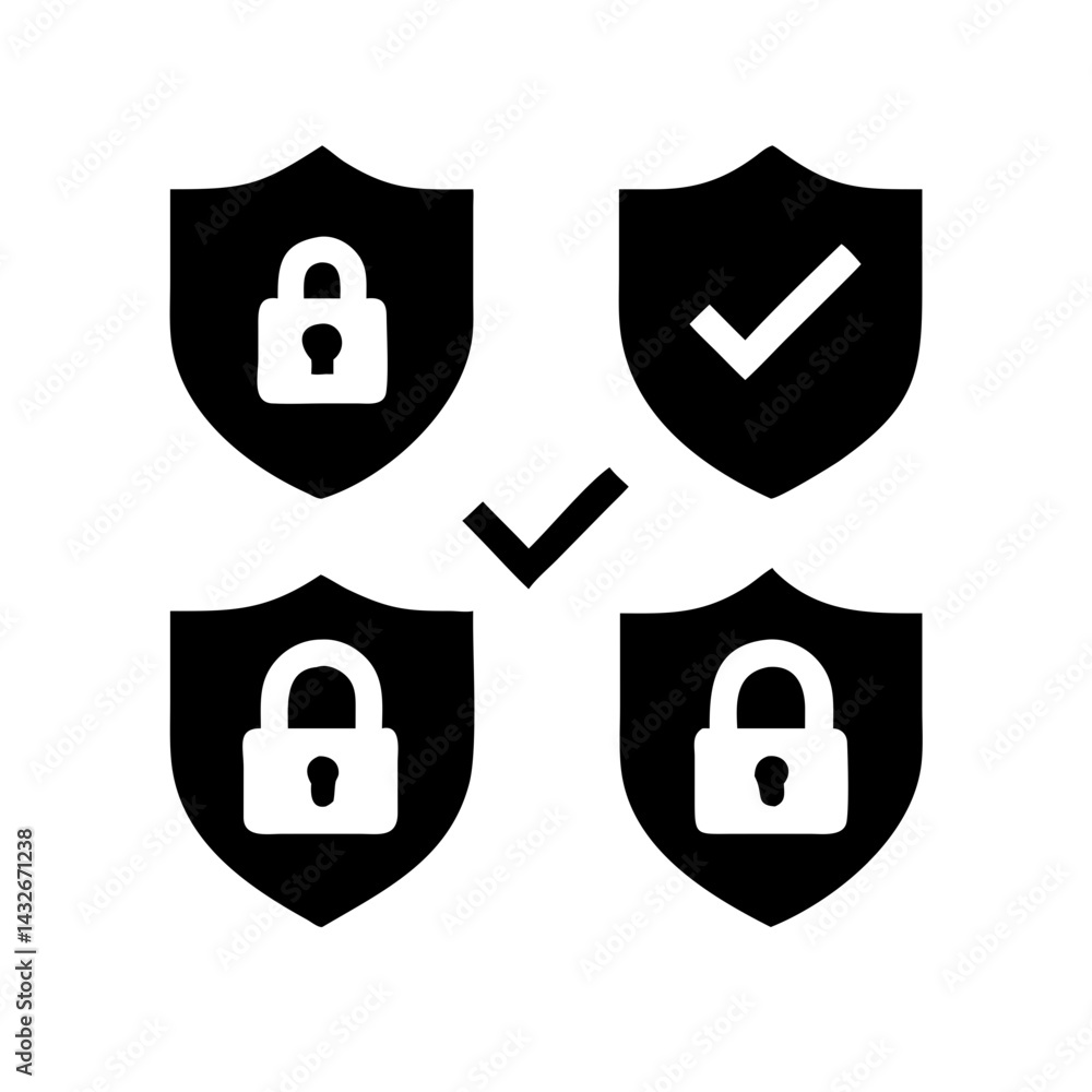 Fototapete set of security shield icons, security shields logotypes with check mark and padlock.. security shie