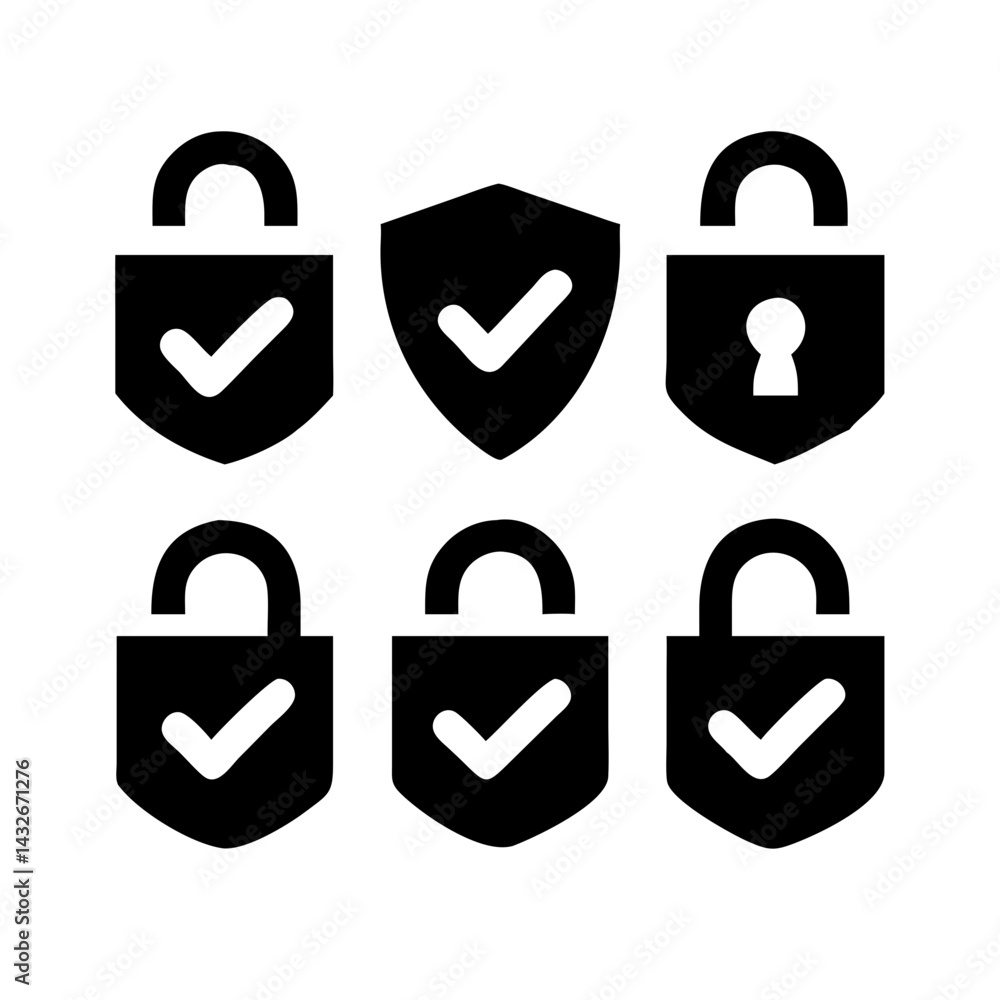 Fototapete set of security shield icons, security shields logotypes with check mark and padlock.. security shie