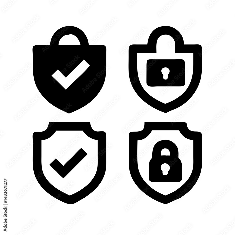 Fototapete set of security shield icons, security shields logotypes with check mark and padlock.. security shie