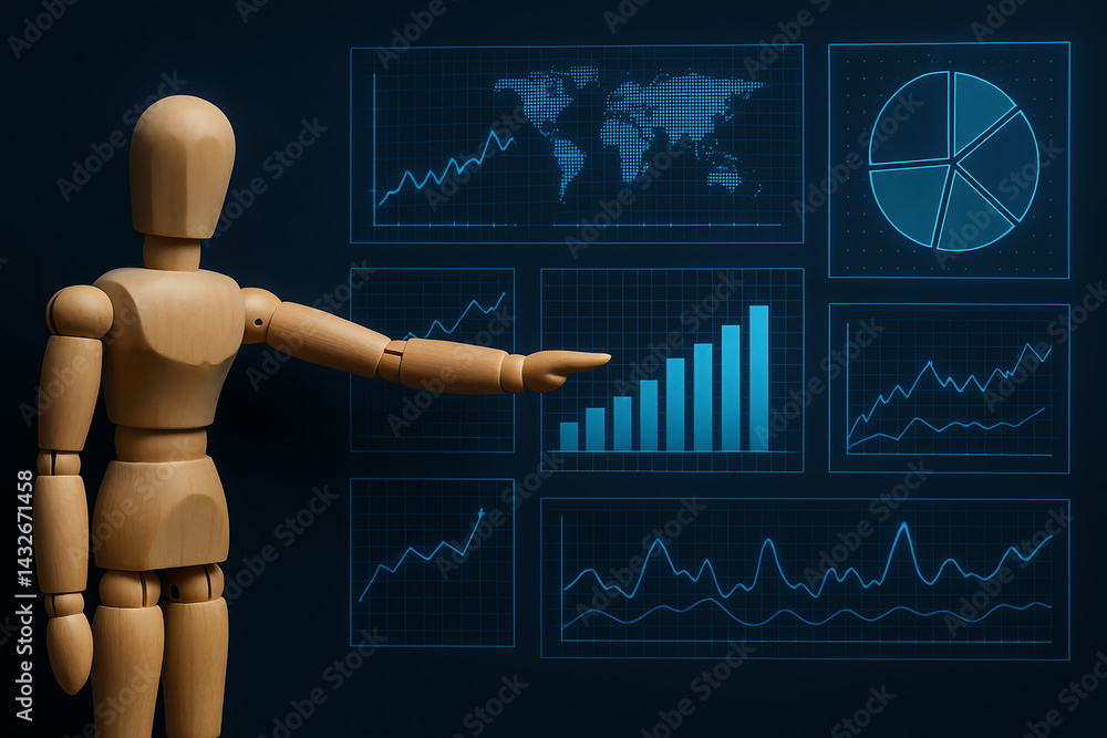 Aufkleber a wooden mannequin points towards digital graphs and charts on a dark background. this image symboli