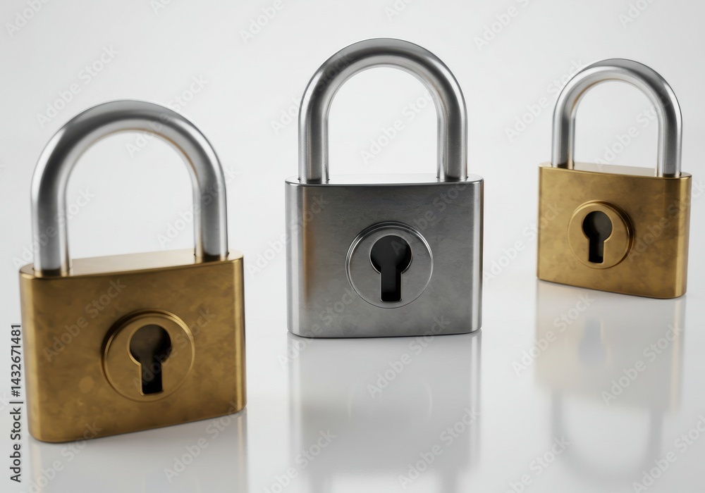 Poster three padlocks in a row with one silver and two golden on white background with reflections