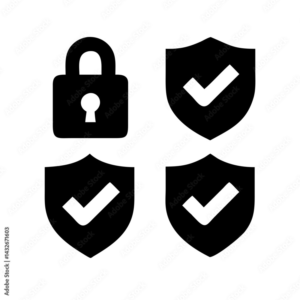 Fototapete set of security shield icons, security shields logotypes with check mark and padlock.. security shie