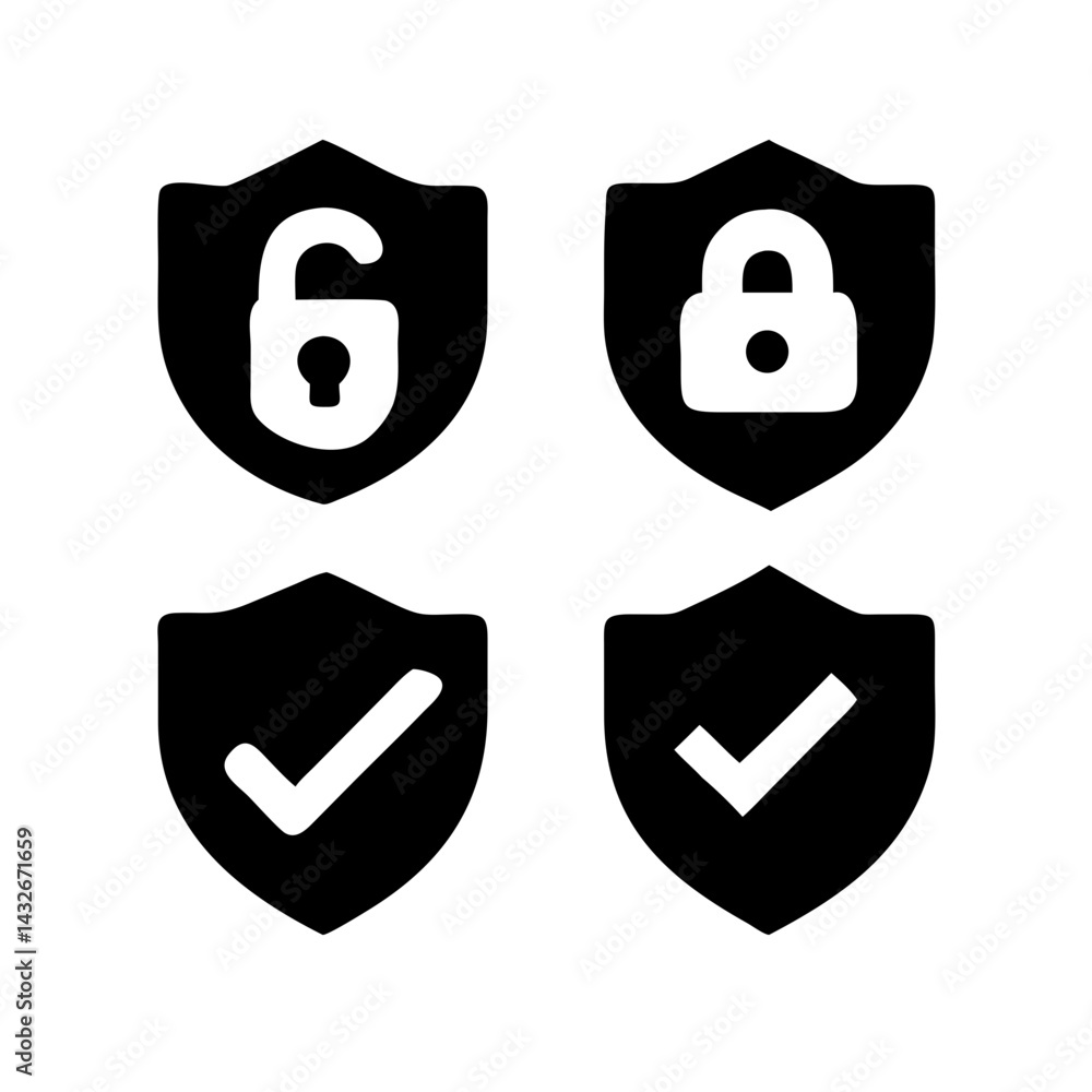 Fototapete set of security shield icons, security shields logotypes with check mark and padlock.. security shie
