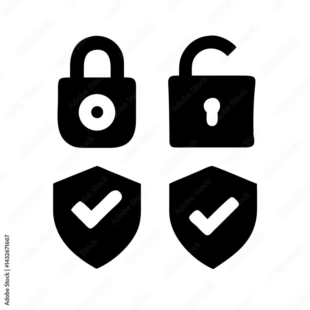 Fototapete set of security shield icons, security shields logotypes with check mark and padlock.. security shie