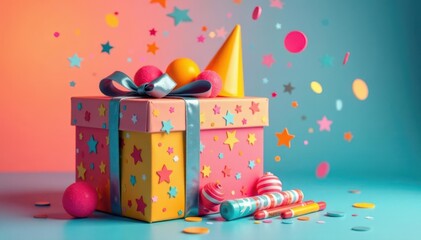 Fototapeta premium Gift box overflowing with colorful party supplies , anniversary, celebration decorations, noisemakers