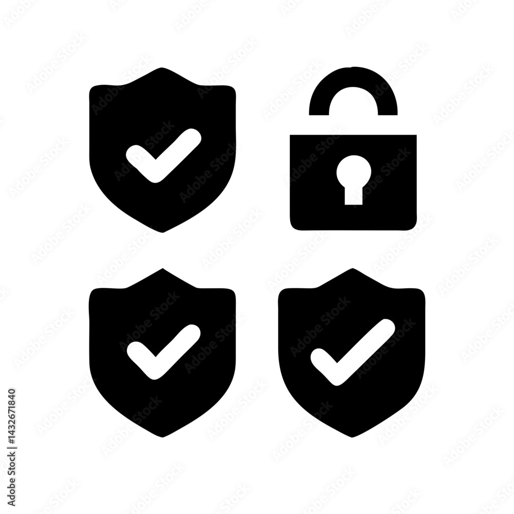 Fototapete set of security shield icons, security shields logotypes with check mark and padlock.. security shie