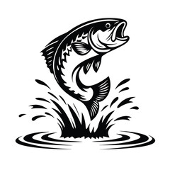 Leaping Bass Fish Silhouette with Water Splashes | Wildlife Illustration, Black on White