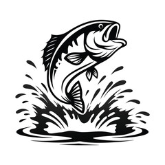 Leaping Largemouth Bass, Fish Jumping Out of Water, Black and White Silhouette Icon