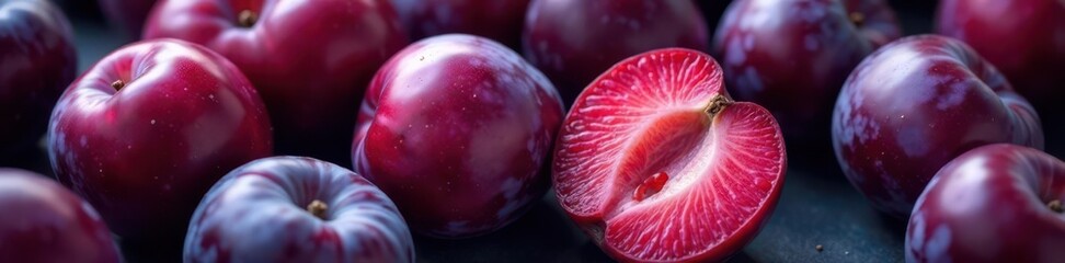Fresh purple plums, glistening skin, halved and whole Delicious, ripe fruit , purple, glossy