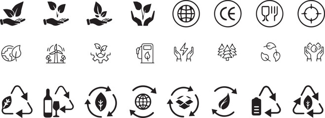 Set of 24 outline ecology and environment, recycling, nature protection, renewable energy and sustainable technology Vector illustration and with recycling editable vector isolated
