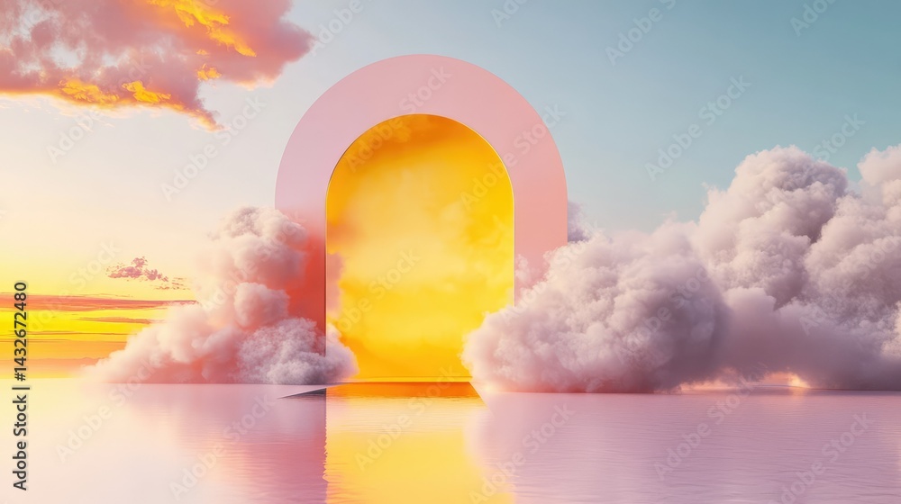 Aufkleber conceptual render of abstract tunnel in yellow with floating clouds, dreamy atmosphere