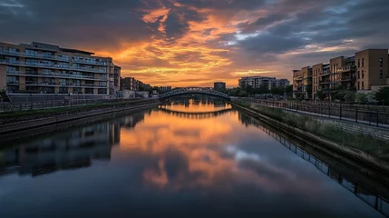 Crédence de cuisine  Urban canal with modern buildings and pedestrian bridge at sunset reflecting vibrant clouds in calm water   © millennium