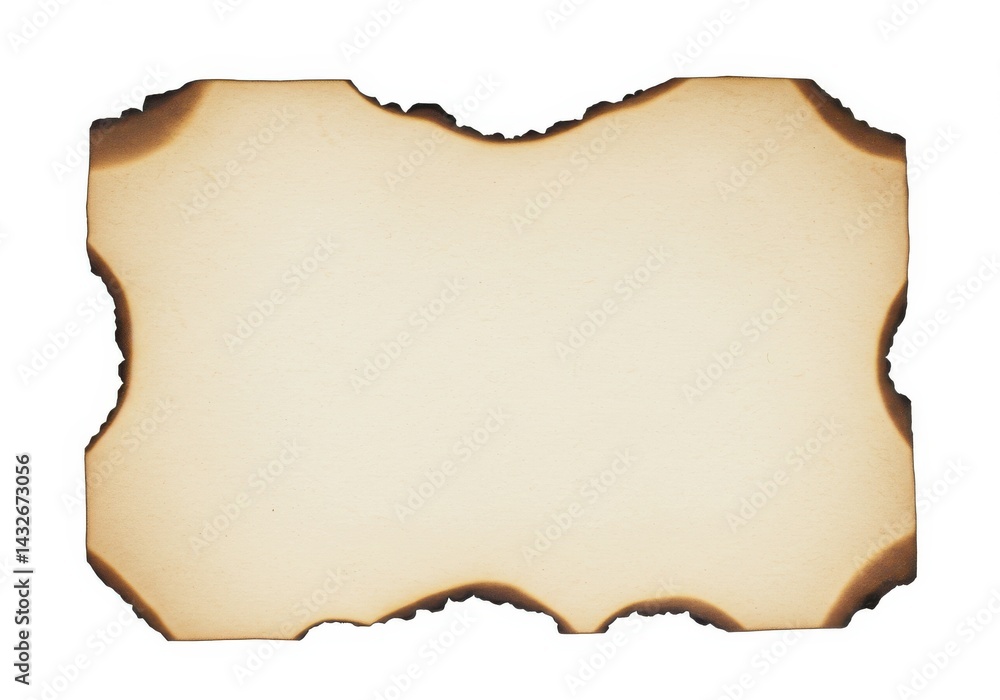 Poster isolated image of a rectangular piece of parchment paper with burnt edges on a white background