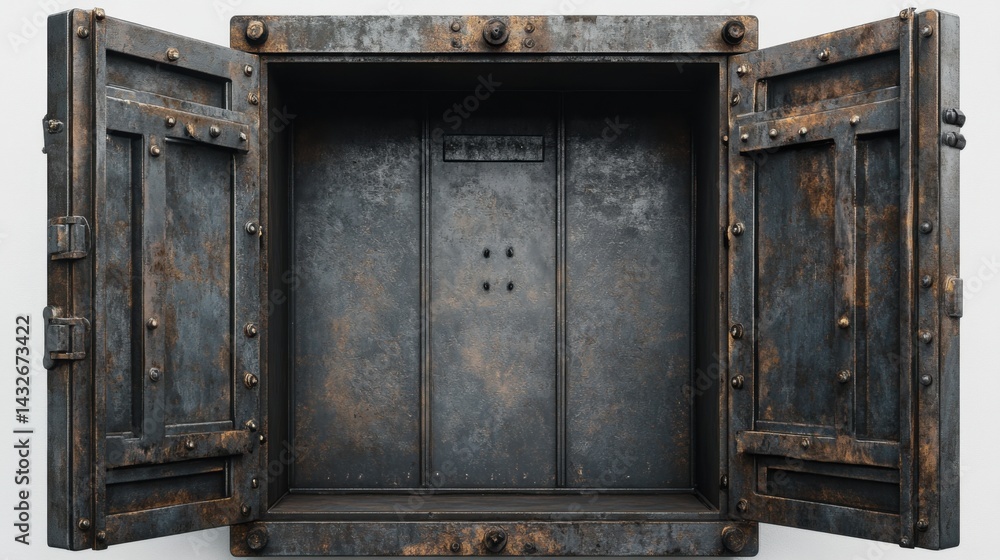 Poster 3d render of a metal safe, door half open and showing an empty space inside, white background
