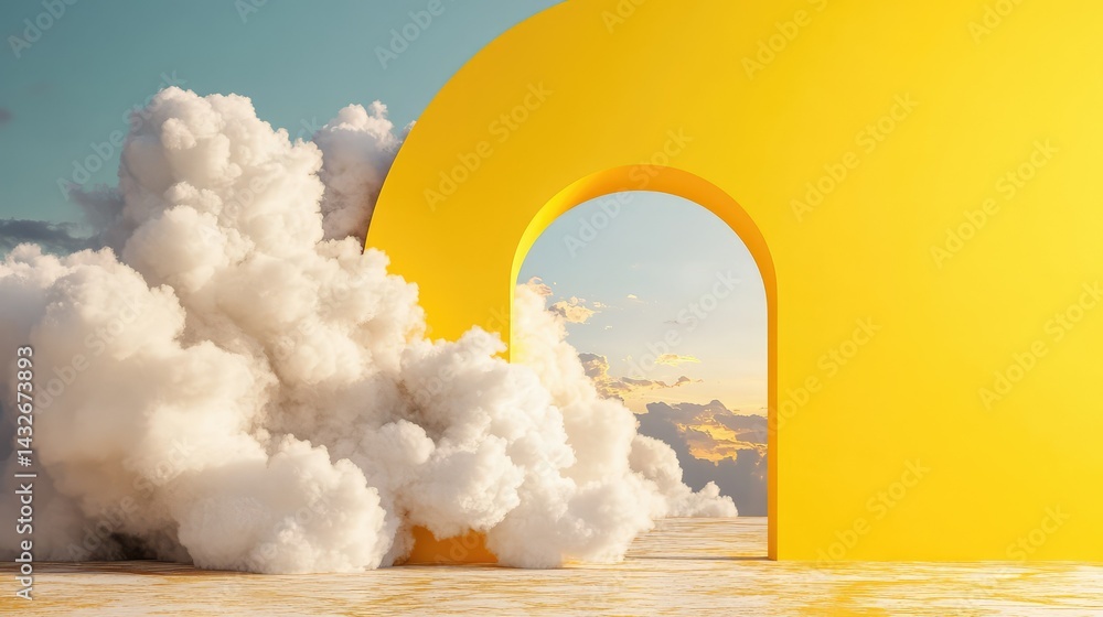 Poster minimal yellow background featuring dynamic tunnel and soft white clouds escaping
