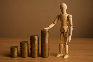 A wooden mannequin stands beside stacks of coins, representing growth and financial progress. This image symbolizes investment and economic success in a minimalist setup.