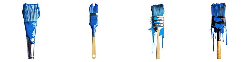 Paintbrush with dripping blue paint Isolated on transparent background. PNG , Set of