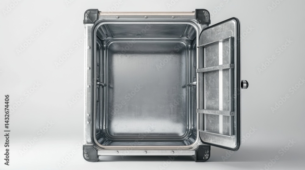 Poster 3d render of an empty metal safe with a partially open door, clear details, white background