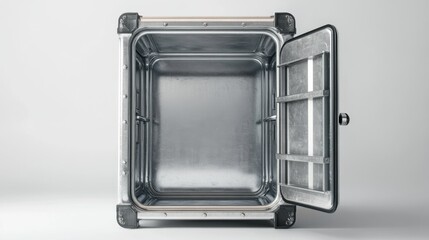 3D render of an empty metal safe with a partially open door, clear details, white background 