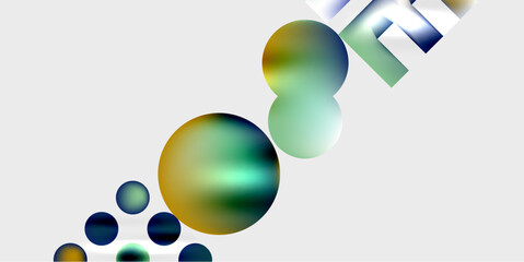 Abstract composition features colorful spheres, gradients, light effects. Minimalist design with soft hues, modern aesthetic.