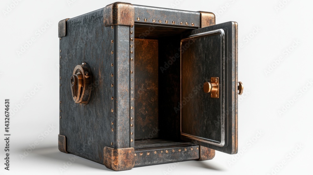 Poster 3d render of an empty metal safe with the door partially open, white background with shadows