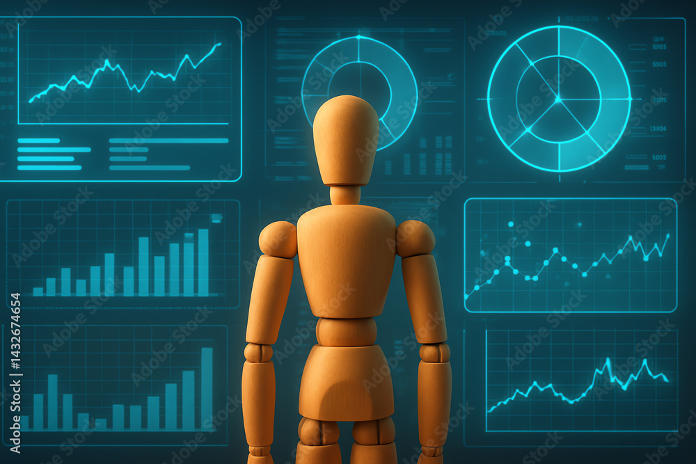 Aufkleber a wooden mannequin contemplates data visualizations on a digital screen, reflecting insights on mark