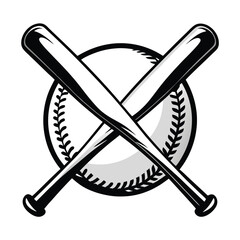 Crossed Baseball Bats with Ball in Black and White, Sport Equipment, Outline Design