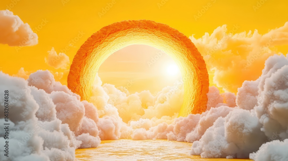 Poster surreal 3d yellow tunnel scene with soft white clouds emerging through the center