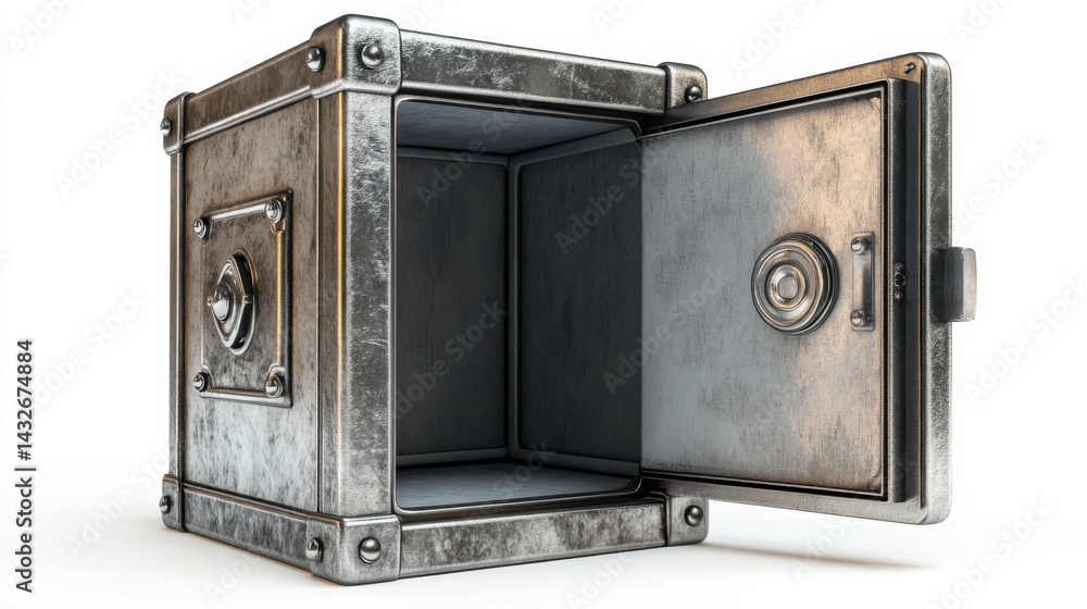 Poster 3d render of an empty metal safe with the door partially open, white background with shadows