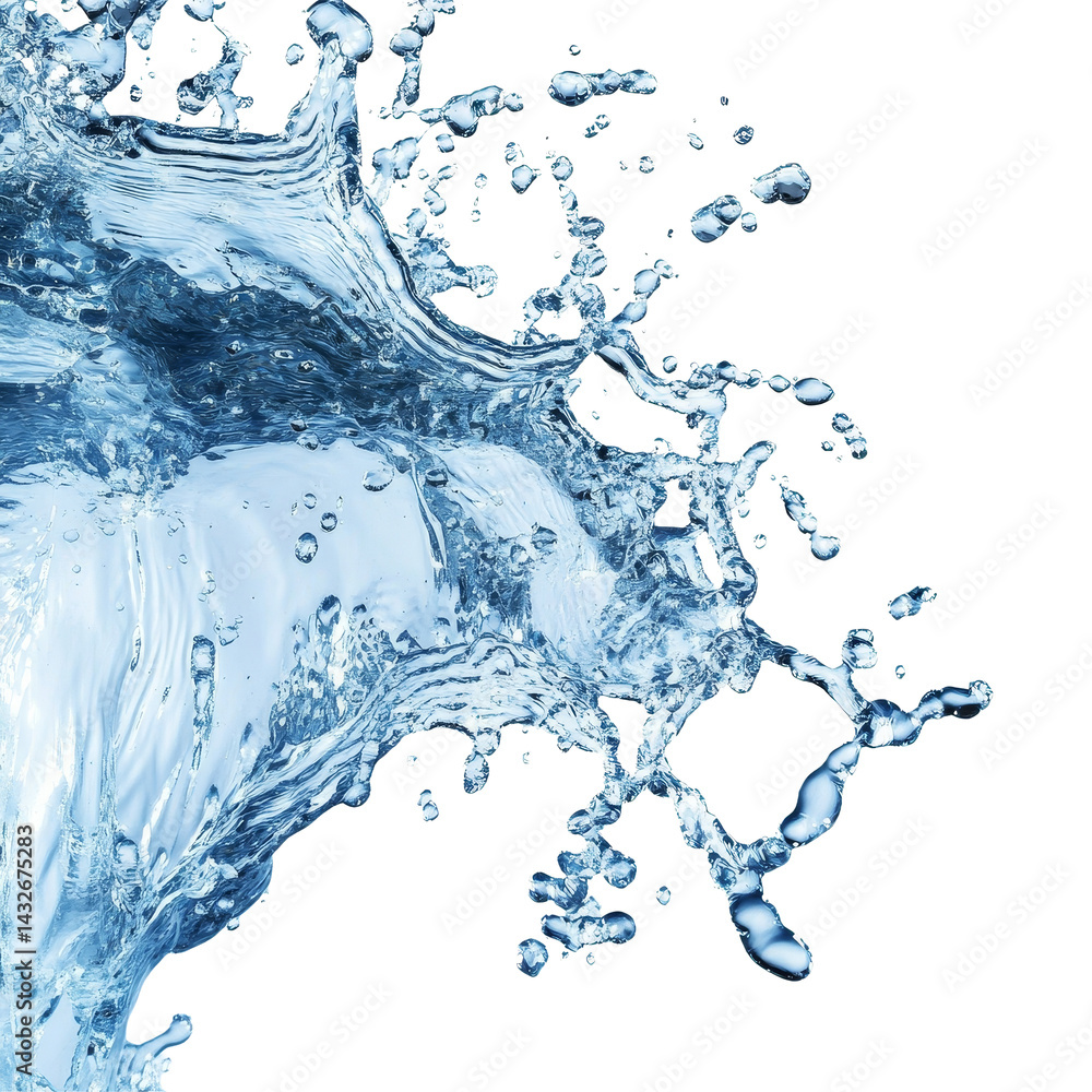 Poster isolated splash of flowing water creating dynamic droplets against a transparent background, flowing