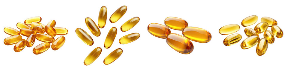 Omega 3 fish oil capsules Isolated on transparent background. PNG , Set of