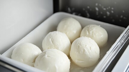 Fresh mozzarella balls in white container, ready for italian food preparation