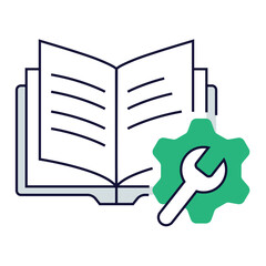 User Manual with Settings. Open book and gear symbolizing user guide or support instructions