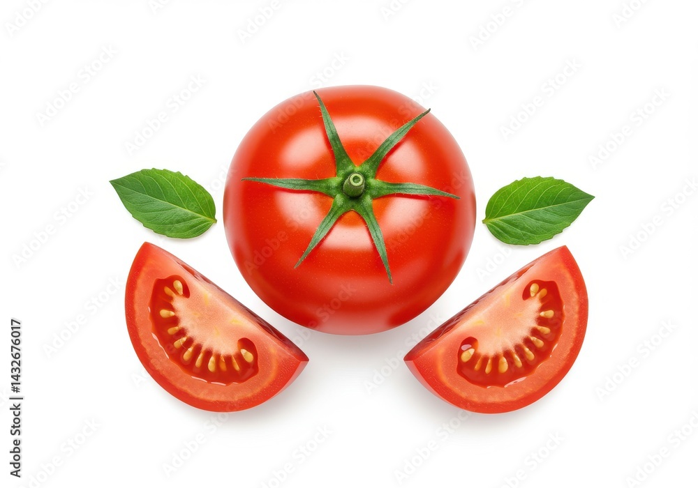 Poster a single tomato with two slices and basil leaves arranged on a clean white background surface view