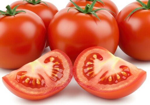 A close up shot of several red tomatoes with one tomato cut in half on a white background