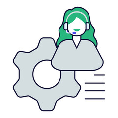 Technical Support Female. Female agent with gear icon for handling support and system issues