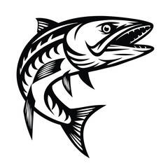 Barracuda Fish Silhouette Sharp Teeth, Open Mouth, Predatory Fish, Black and White